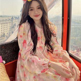 Floral Mini A-line Dress Rose Pink & Yellow Floral - Beige - One Size