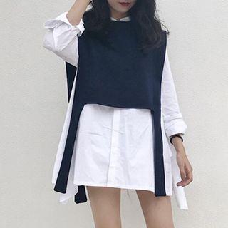 Set: Slit-side Shirt + Vest As Shown In Figure - One Size