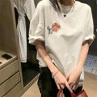 Short-sleeve Floral Embroidered T-shirt Oatmeal - One Size