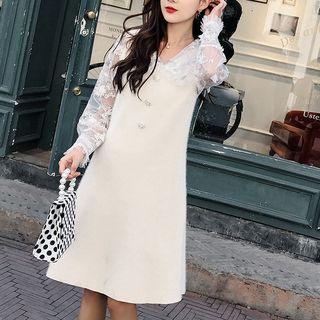 Mock Two-piece Long-sleeve Lace Panel A-line Dress