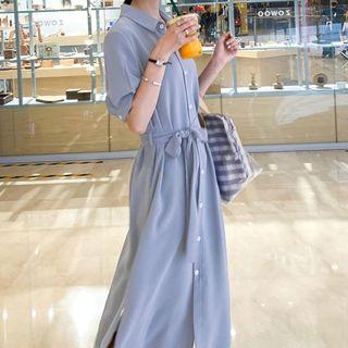 Short-sleeve Drawstring Waist Split Hem Polo Shirt Dress