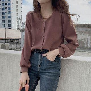 Long-sleeve V-neck Plain Button-up Blouse