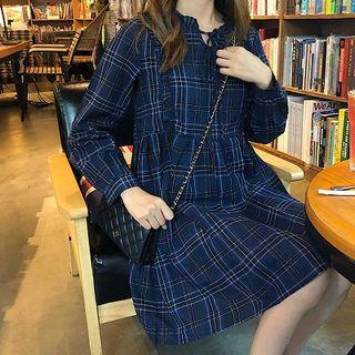 Long-sleeve Plaid A-line Dress Navy Blue - One Size
