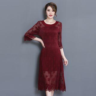 Scallop Hem 3/4 Sleeve Pleated Dress