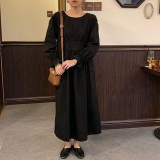 Plain Long-sleeve Maxi Shift Dress Black - One Size