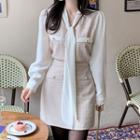 Scarf-neck Tweed-panel Blouse