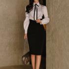 Long-sleeve Bow-accent Blouse / Slit-hem Pencil Skirt