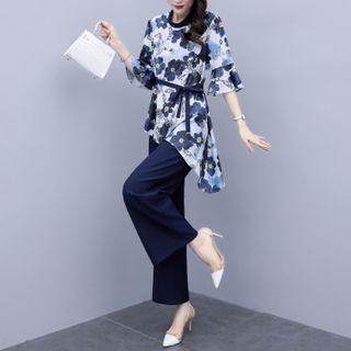 Set: Flower Print Elbow-sleeve Top + Wide-leg Pants