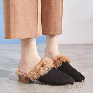 Block Heel Furry-trim Mules