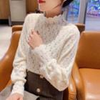 Long-sleeve Mock-neck Lace Top Off-white - One Size
