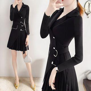 Long-sleeve Contrast Trim Pleated Paneled A-line Mini Dress
