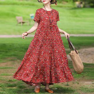 Short-sleeve Patterned Maxi Smock Dress