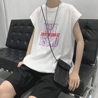 Round Neck Lettering Print Sleeveless Over-sized T-shirt