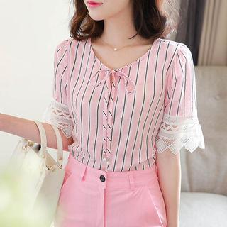 Tie-neck Crochet-trim Stipe Blouse