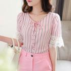 Tie-neck Crochet-trim Stipe Blouse