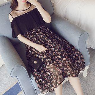 Cold-shoulder Floral Print A-line Chiffon Dress