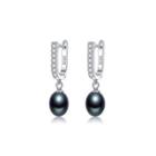Sterling Silver Elegant Personality Geometric Cubic Zirconia Earrings With Black Imitation Pearls Silver - One Size