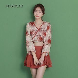 Set: Tankini Top + Swim Skirt + Floral Cover-up Top