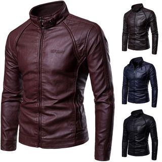 Faux Leather Letter Zip Jacket