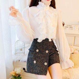 Set Of 2: High-neck Bell-sleeve Ruffle-trim Chiffon Blouse / High-waist Skort