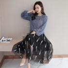 Set: Long-sleeve Fringed Top + Midi A-line Embroidered Skirt