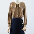 Long-sleeve Blouse / Midi A-line Denim Skirt