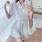 Puff-sleeve Plain Asymmetrical Dress White - One Size