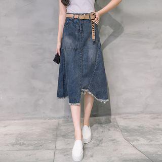 Asymmetrical Fray Hem Denim A-line Skirt