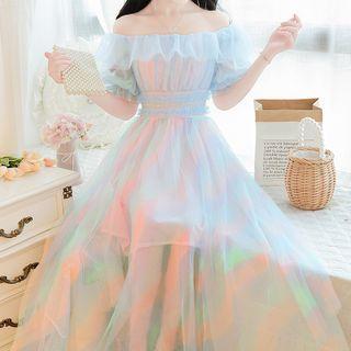 Off-shoulder Rainbow Mesh A-line Dress