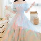Off-shoulder Rainbow Mesh A-line Dress