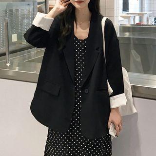 Plain Single-button Blazer / Dotted Spaghetti Strap Midi Shift Dress