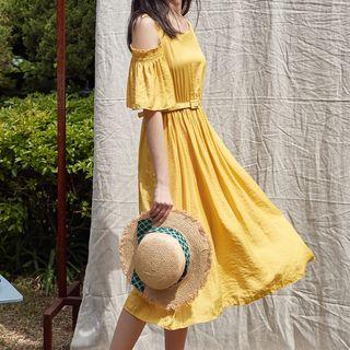 Cutout-shoulder A-line Midi Dress With Belt