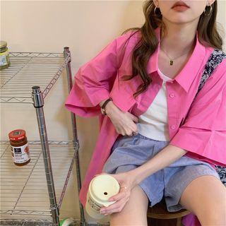 Short-sleeve Plain Blouse Rose Pink - One Size