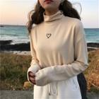 Mock Neck Heart Embroidered Long-sleeve Top