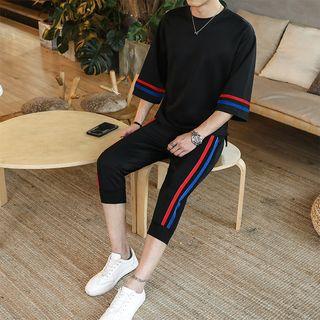 Set: Elbow-sleeve Contrast-trim T-shirt + Cropped Sweatpants