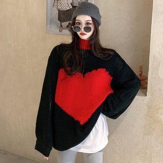 Heart-print Turtleneck Loose-fit Sweater