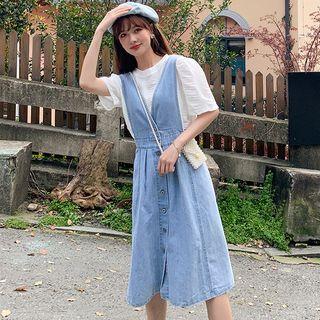 Set: Denim Midi Overall Dress + Short-sleeve Top