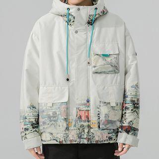 Graphic Print Panel Hooded Zip-up Down Jacket