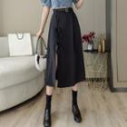 High-waist Plain Lace-up Side-slit Skirt