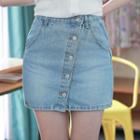 Diagonal-buttoned Washed Denim Miniskirt