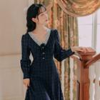 V-neck Plaid Lace Button-up A-line Dress