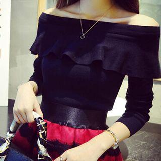 Off-shoulder Long-sleeve Ruffled Knit Top