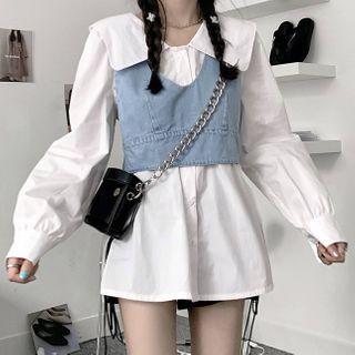 Plain Shirt / Cropped Denim Vest