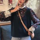 Floral Standing-collar Top / Plain V-neck Vest