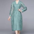 Puff-sleeve Feather Embroidered A-line Dress
