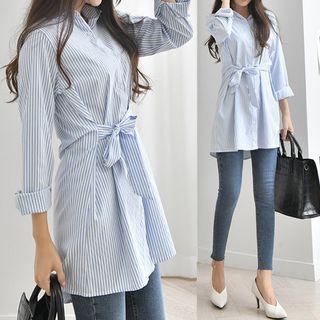 Tie-waist Striped Long Shirt