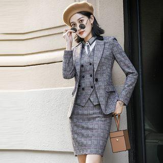 Plaid Blazer / Vest / Shirt / Dress Pants / Mini Pencil Skirt / Set