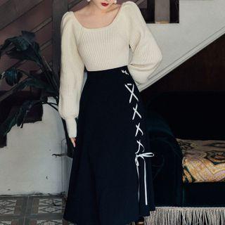 Set: Sweater + Lace-up Midi A-line Dress
