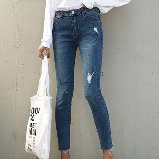 Cropped Distressed Slim Fit Jeans