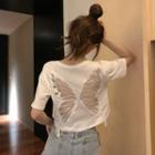 Cutout Plain Over-sized Round Neck Short Sleeve Crop Top